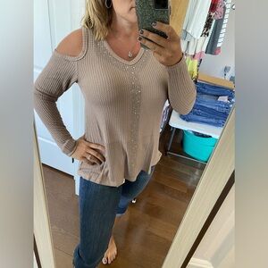 NWT vocal tan cold shoulder rhinestone long sleeve top